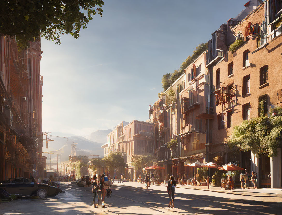 Urban street scene with pedestrians, cyclists, cafes, vehicles, and mountains.