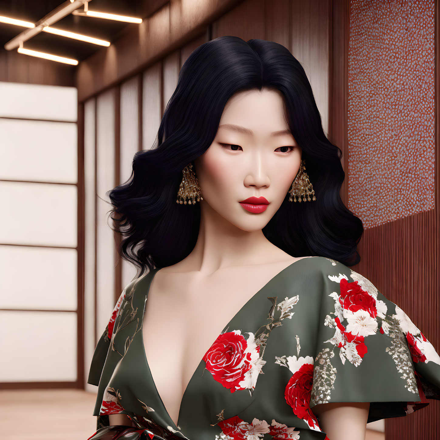 Digital artwork: Woman with black hair, red lipstick, floral dress in stylized interior