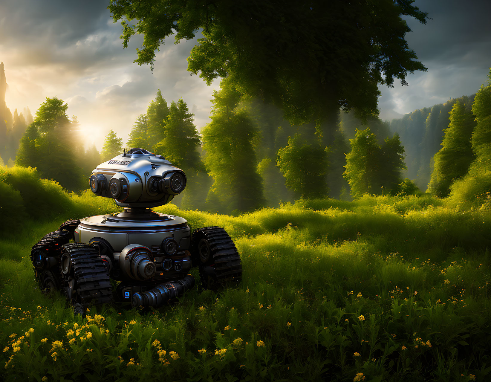 Futuristic robot with spherical head in sunny forest clearing