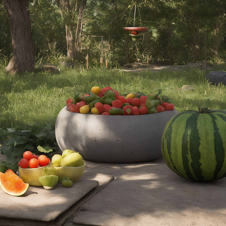 Colorful Tomatoes and Watermelon on Concrete Surface in Outdoor Scene