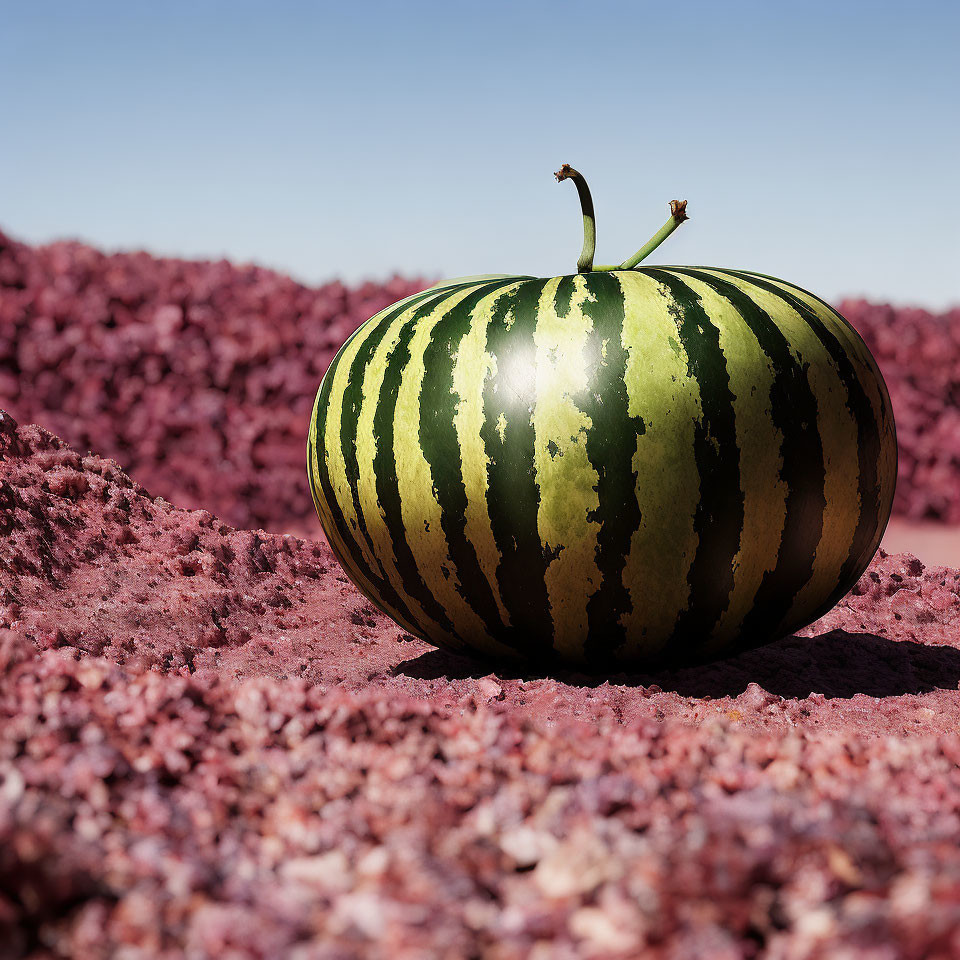 Ripe watermelon with dark and light green stripes on crimson ground