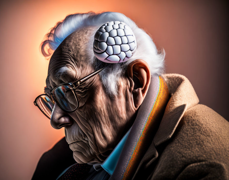 Elderly person with golf ball on forehead in coat and tie on orange backdrop