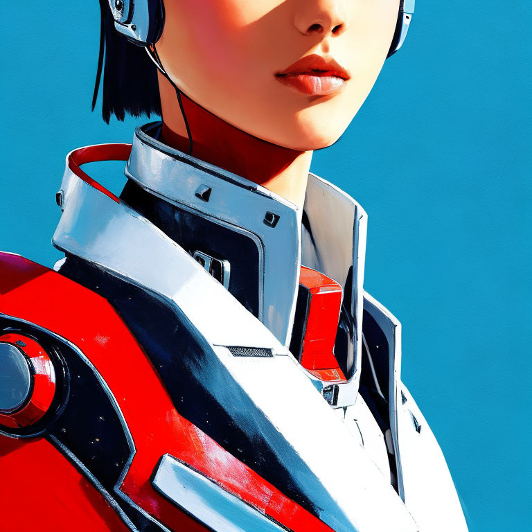 Futuristic female with helmet and armor on blue background