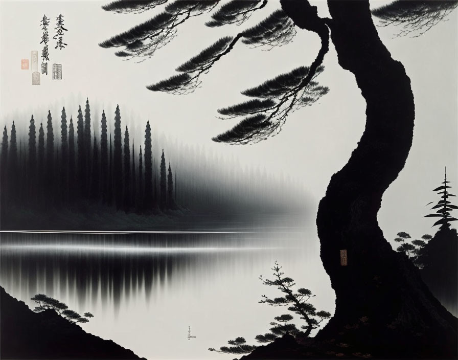 Monochromatic ink painting of a large tree by a tranquil lake