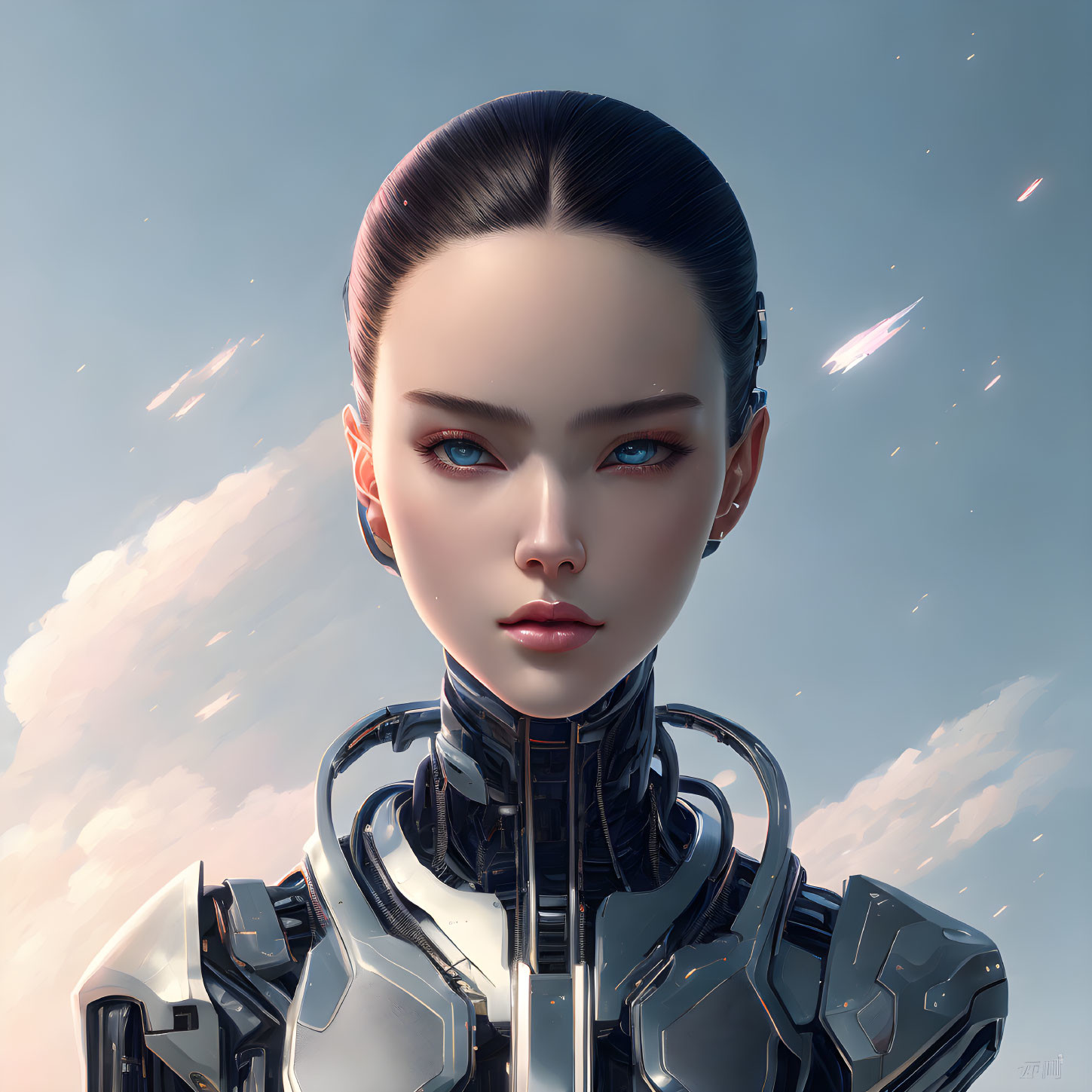 Female android digital artwork with blue eyes and black armor in cloudy sky.