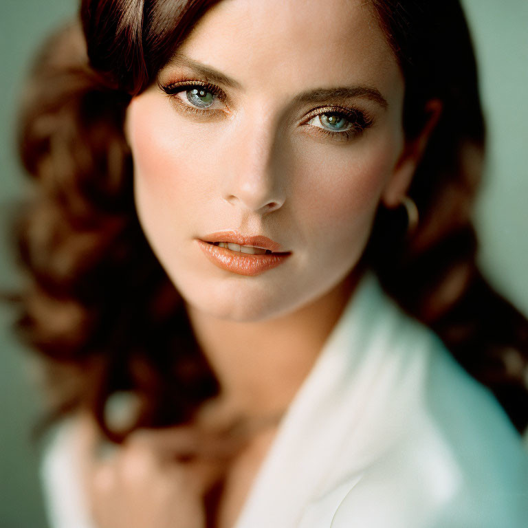 Portrait of woman with dark curly hair and green eyes in white outfit