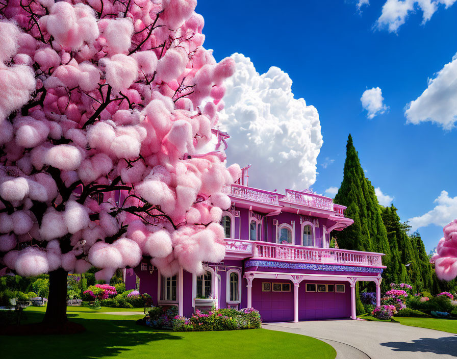 Pink Victorian-Style House with Cotton Candy-Like Trees