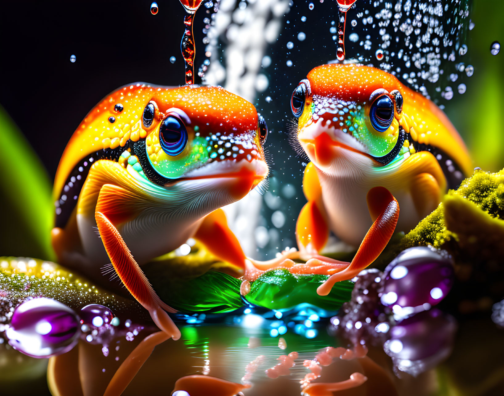 Colorful Frogs with Water Droplets Sitting Under Cascade