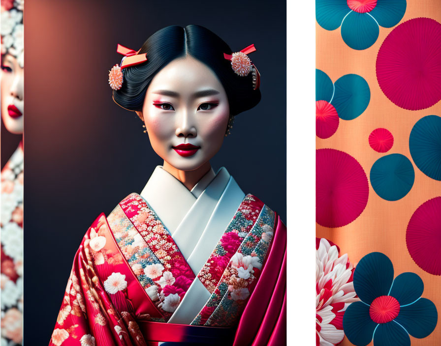 Traditional Japanese Geisha Portrait with Elaborate Attire and Kanzashi