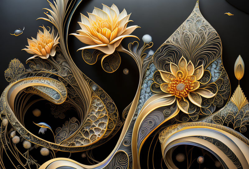 Luxurious 3D artwork with golden swirls and lotus flowers on dark background