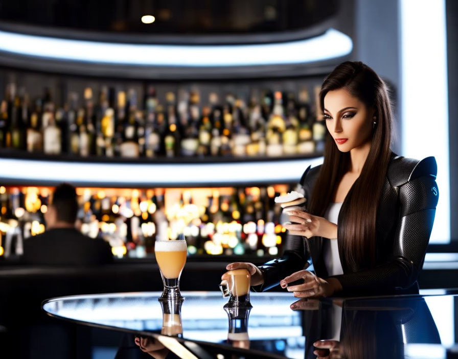 Long-haired woman sitting at bar with drink, bottles on shelves in background