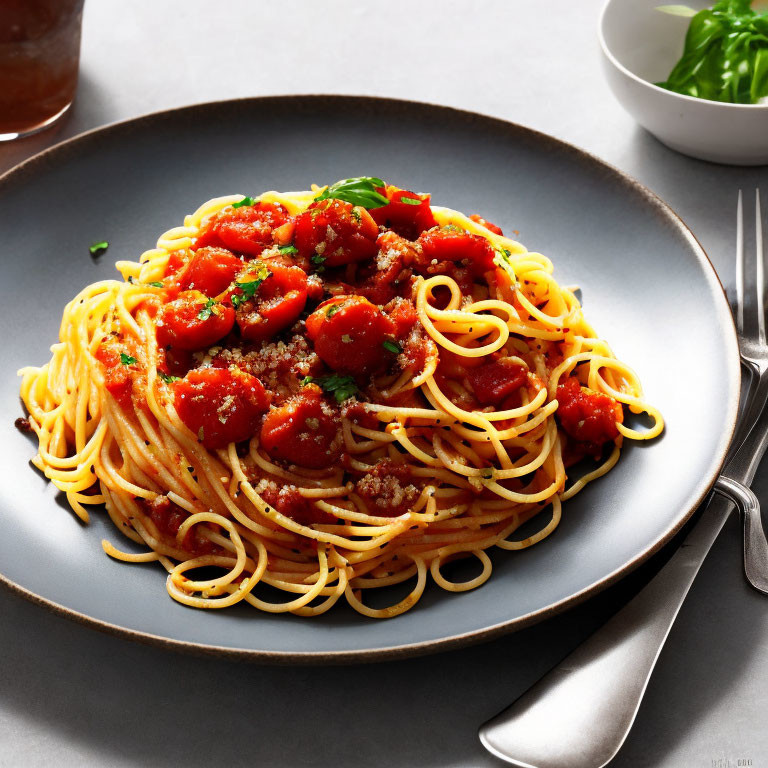 Spaghetti with Tomato Sauce and Meatballs on White Surface