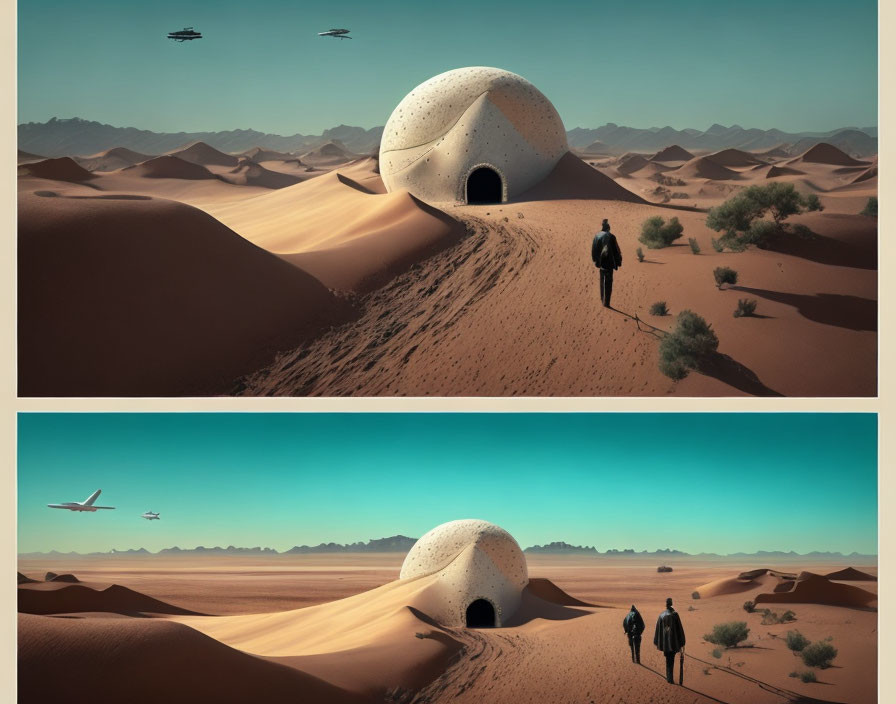 Futuristic dome in desert with figures and aircraft