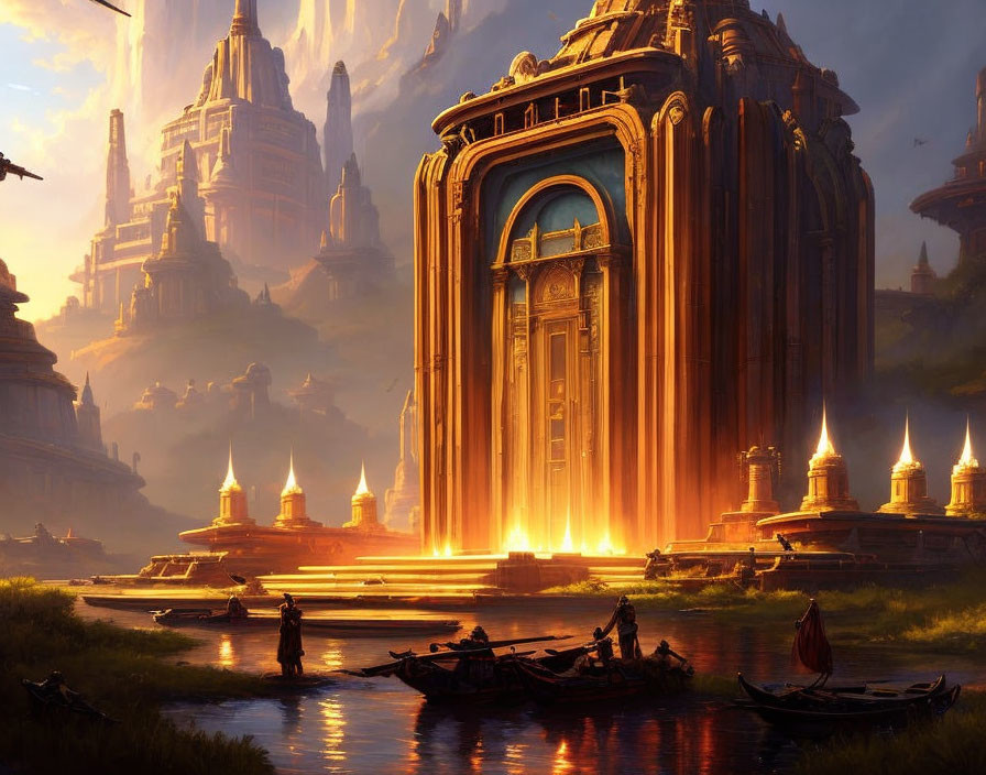 Majestic towers and glowing doorway in fantasy waterfront scene