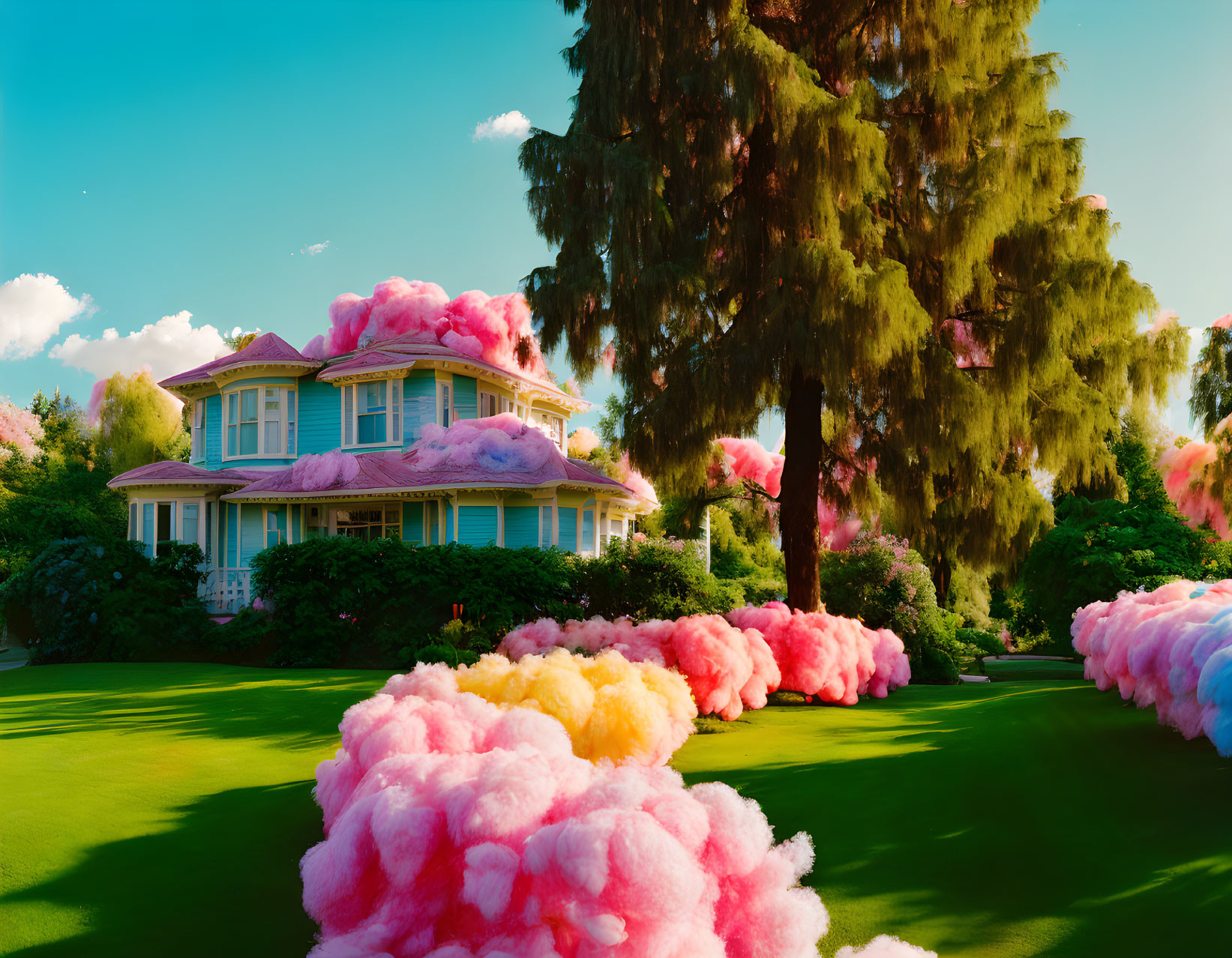 Vibrant surreal landscape with pink trees and traditional house