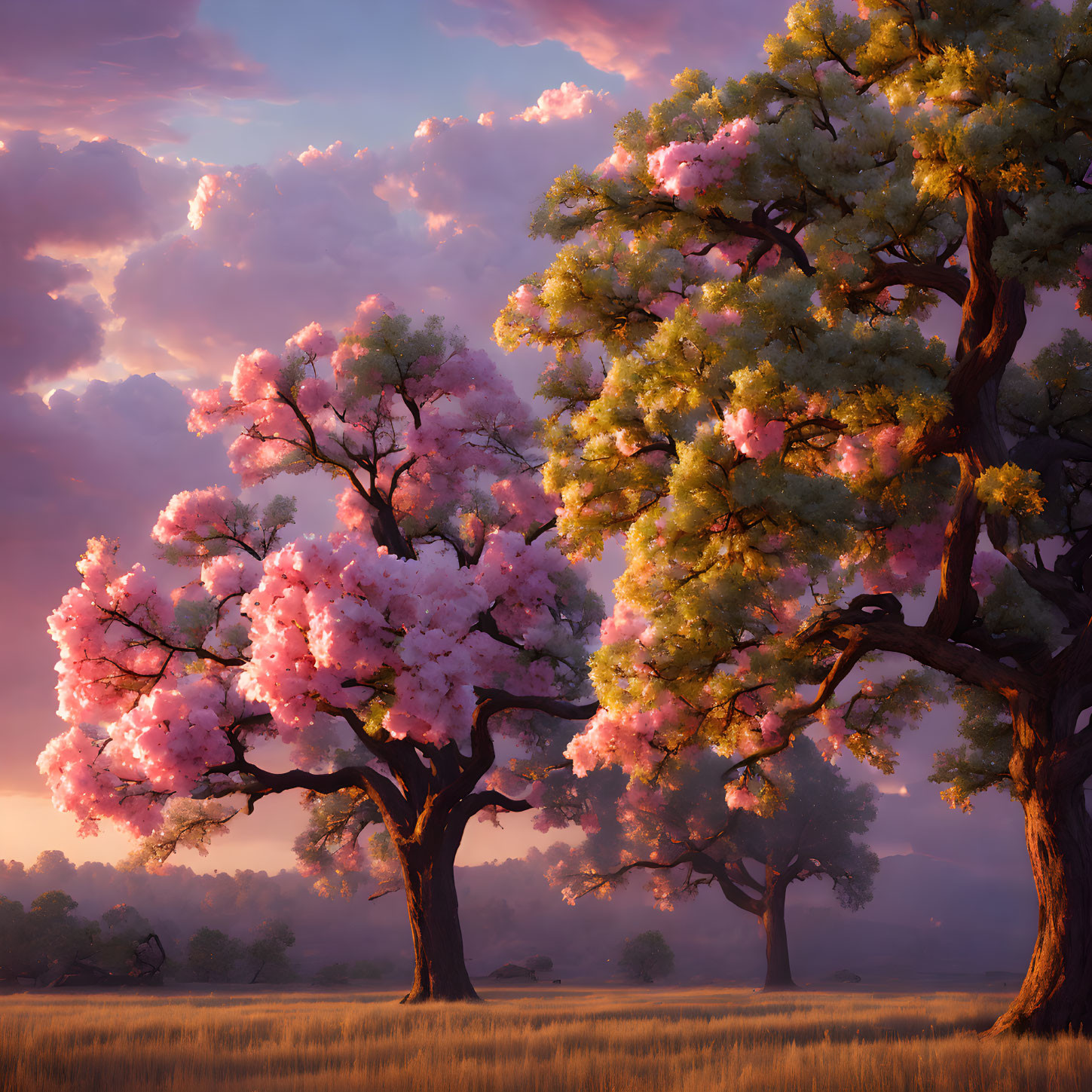 Tranquil landscape with pink and green trees at sunrise or sunset