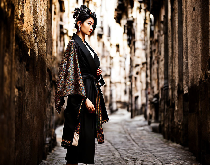 Elegant woman in black kimono with patterned obi in old cobblestone alley