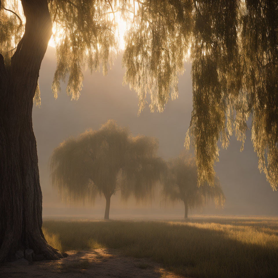 Sunlight filtering through weeping willows onto misty field with shadows