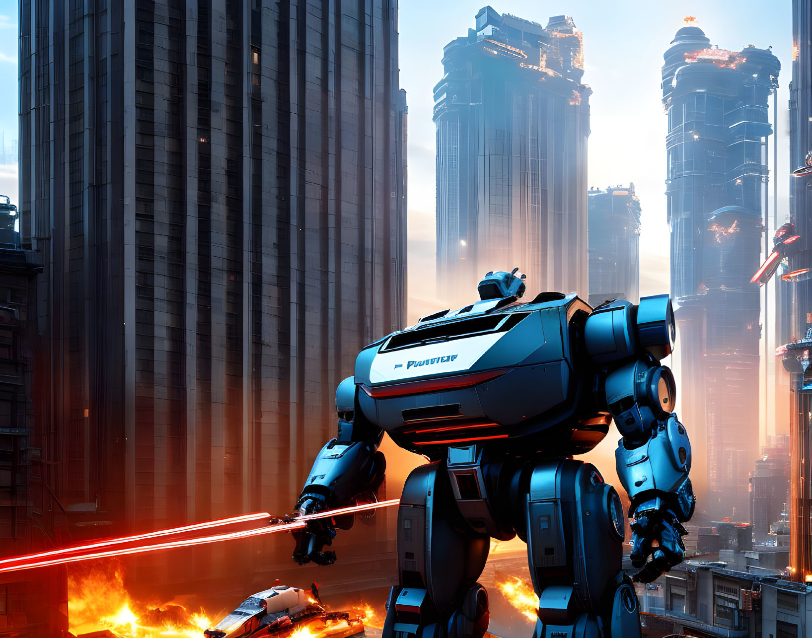 Futuristic police mech firing red beam weapon in cityscape