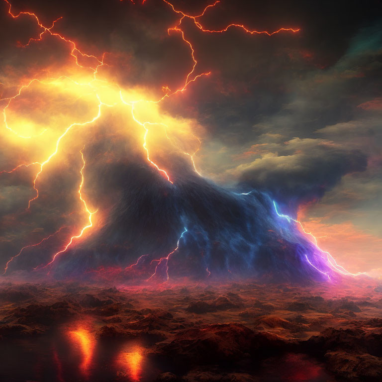 Volcanic eruption with lightning bolts in fiery sky over water.