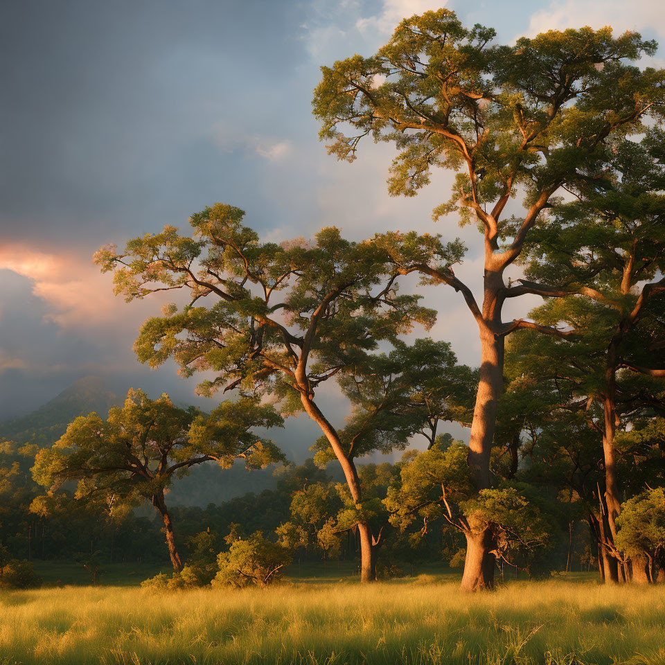 Tranquil landscape with tall trees in warm sunset light