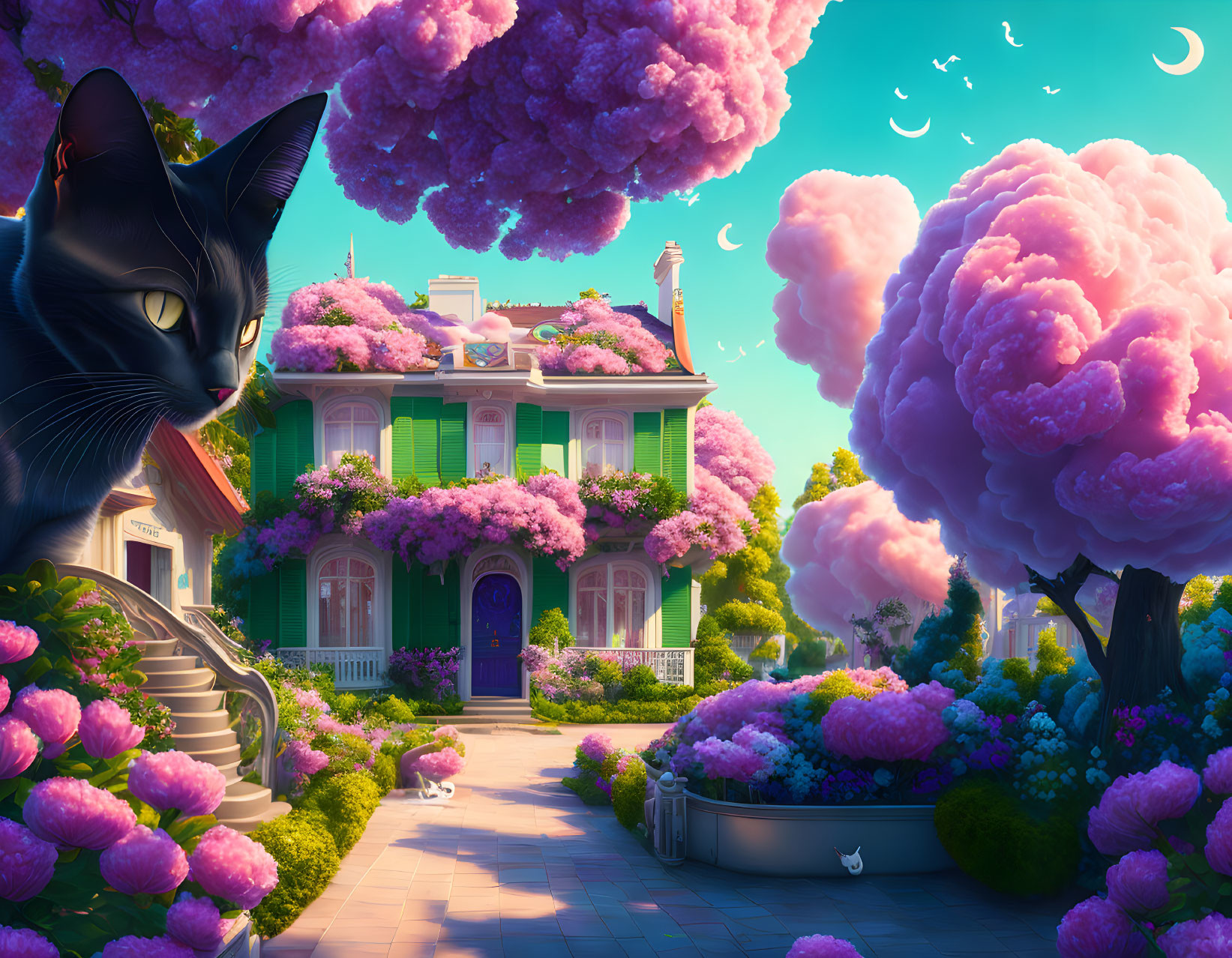 Colorful illustration of house, pink trees, black cat, purple sky