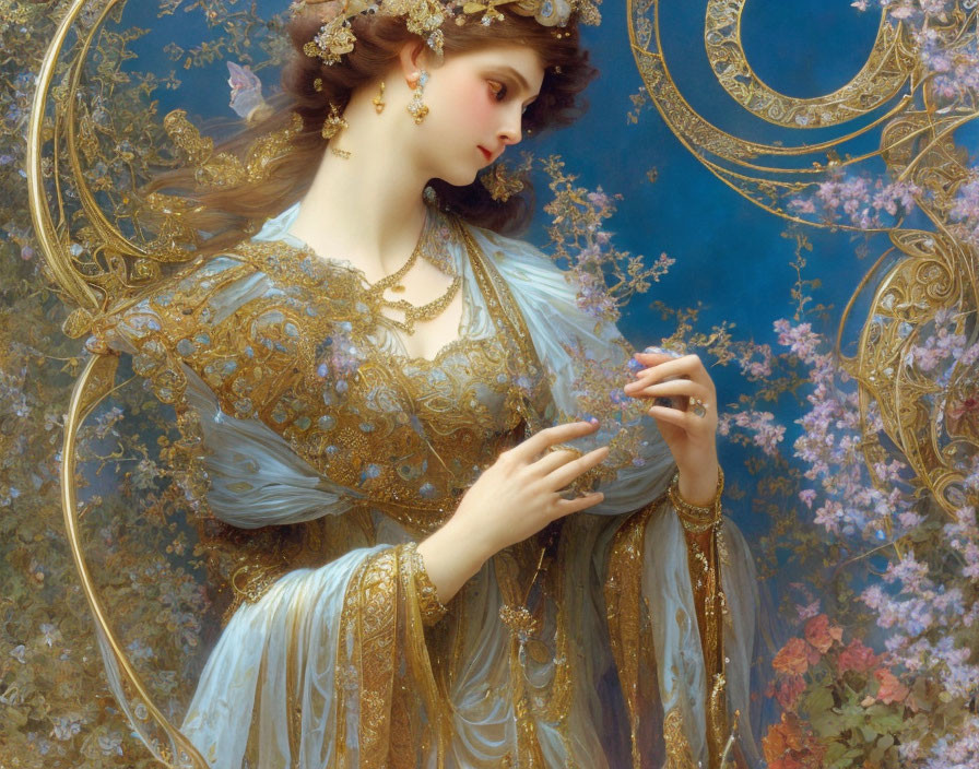 Woman in Blue and Gold Dress Surrounded by Floral and Ornate Designs