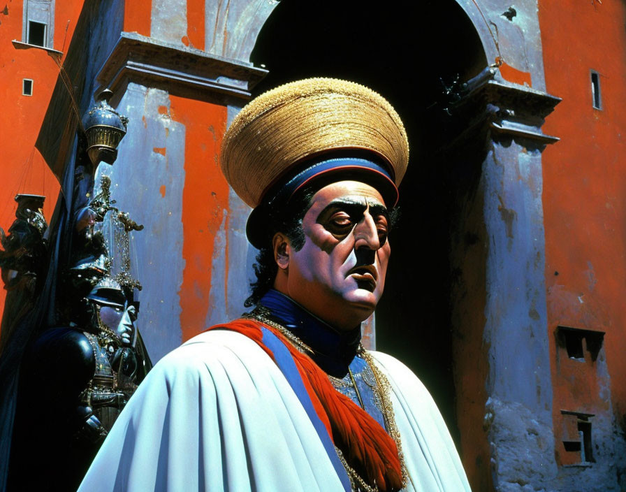 Historically dressed man with large headdress in front of vibrant orange building