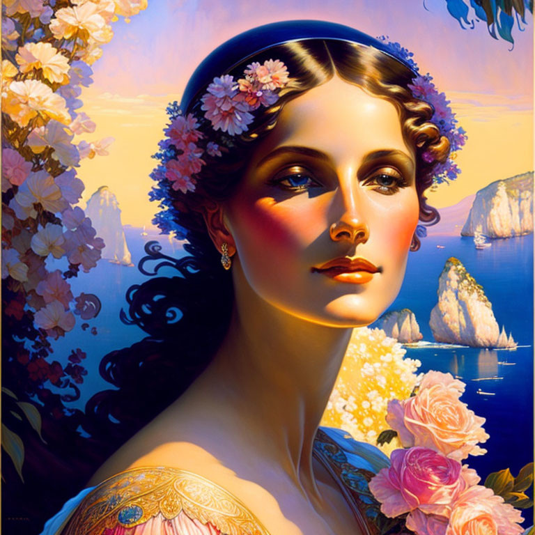 Vibrant Romantic Style Woman Portrait with Flower Hair and Sea Background