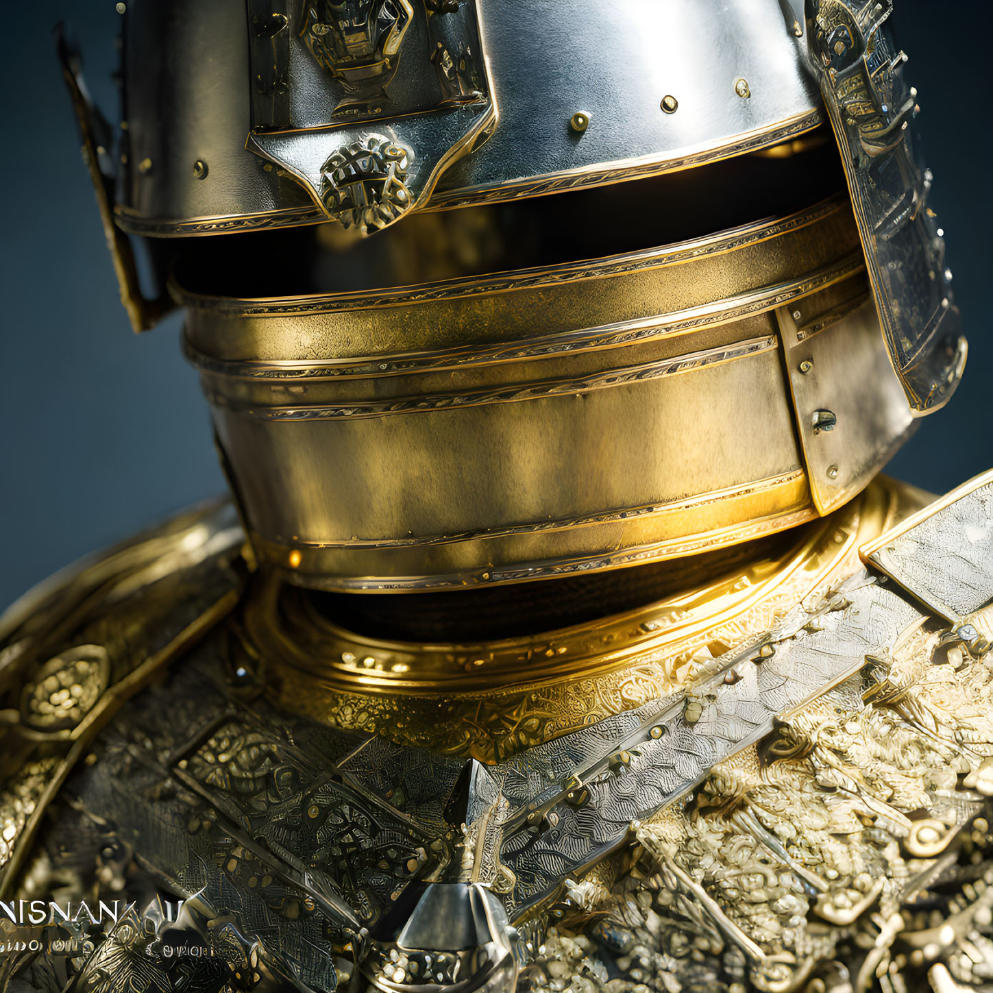 Elaborate Medieval Knight's Helmet and Armor with Gold Detailing