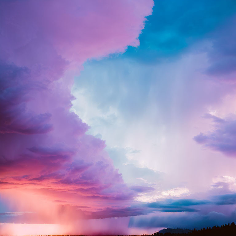 Contrasting purple and blue sky over dark forest silhouette at sunset or sunrise