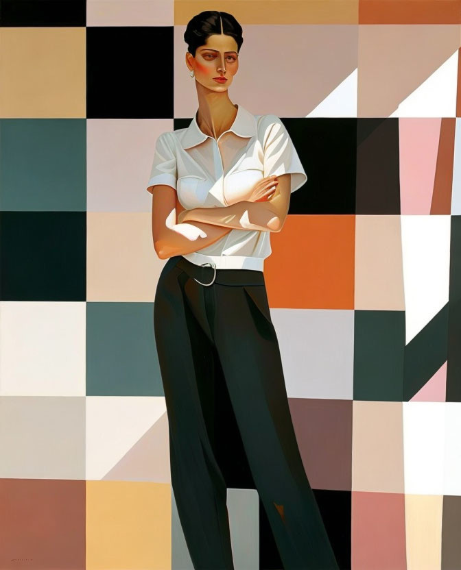 Stylized painting of confident woman in white blouse and black trousers