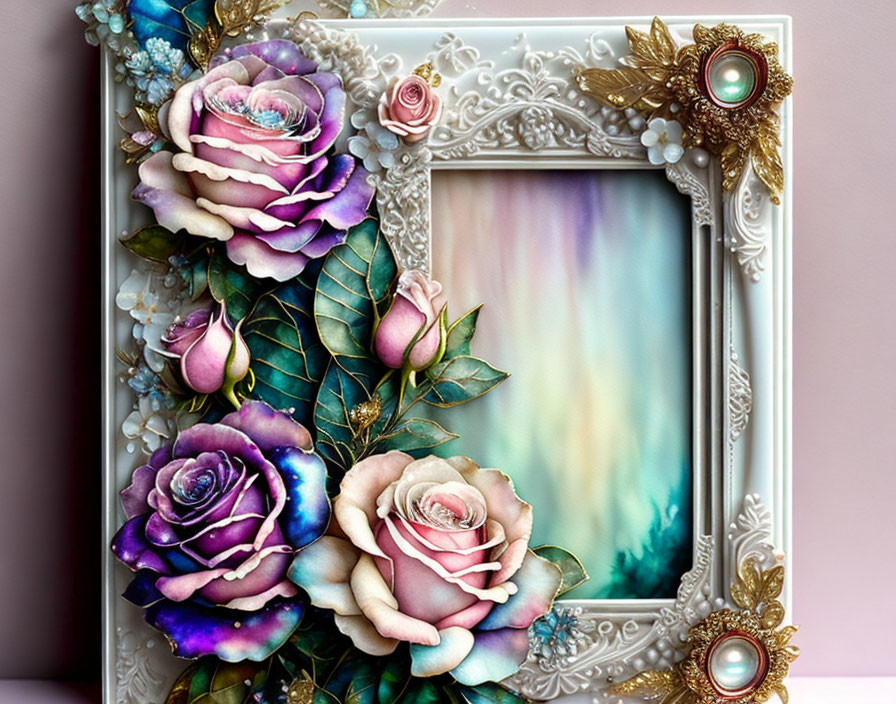 Colorful Sculpted Roses and Leaves on Ornate Picture Frame with Pastel Abstract Background