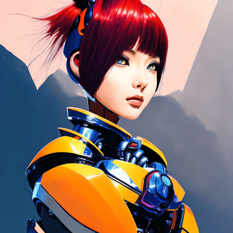 Digital illustration: Female character with red hair, green eyes, futuristic orange & blue armor.