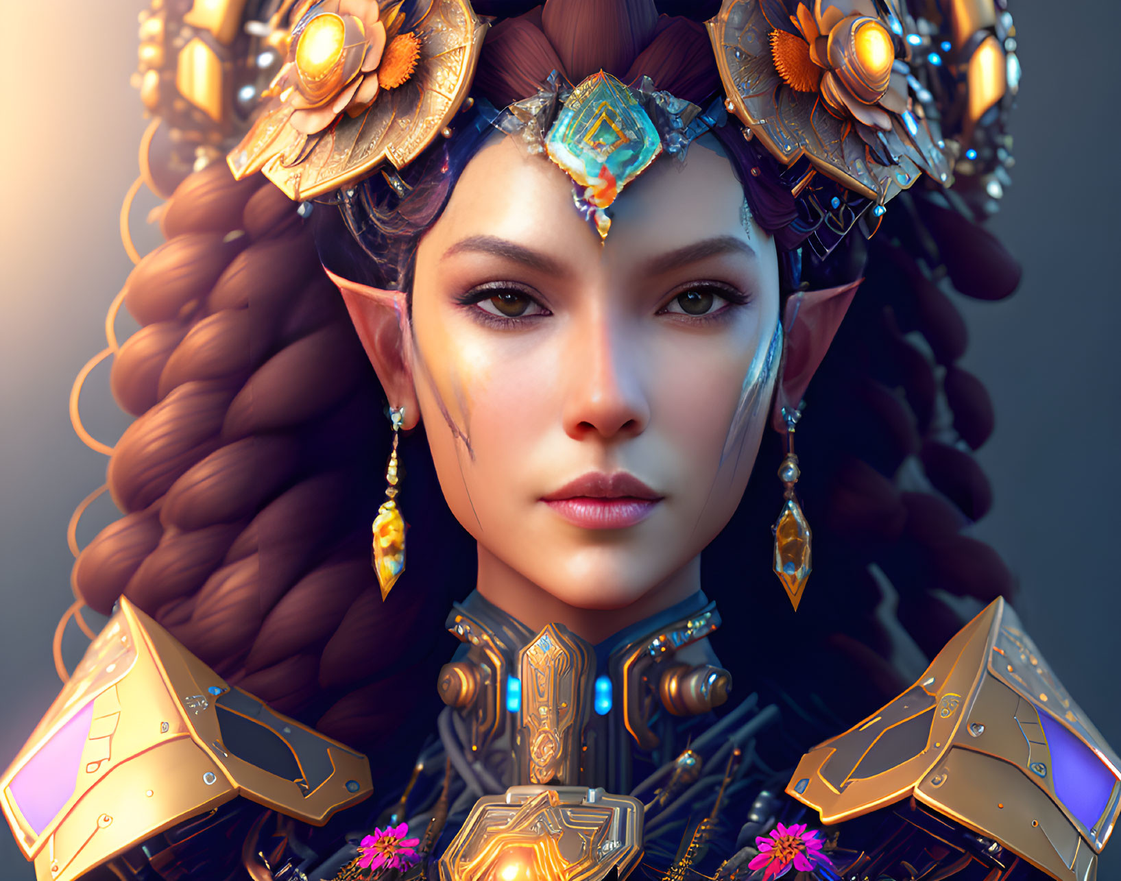 Detailed digital portrait of a woman with elf-like ears and golden headgear and armor.