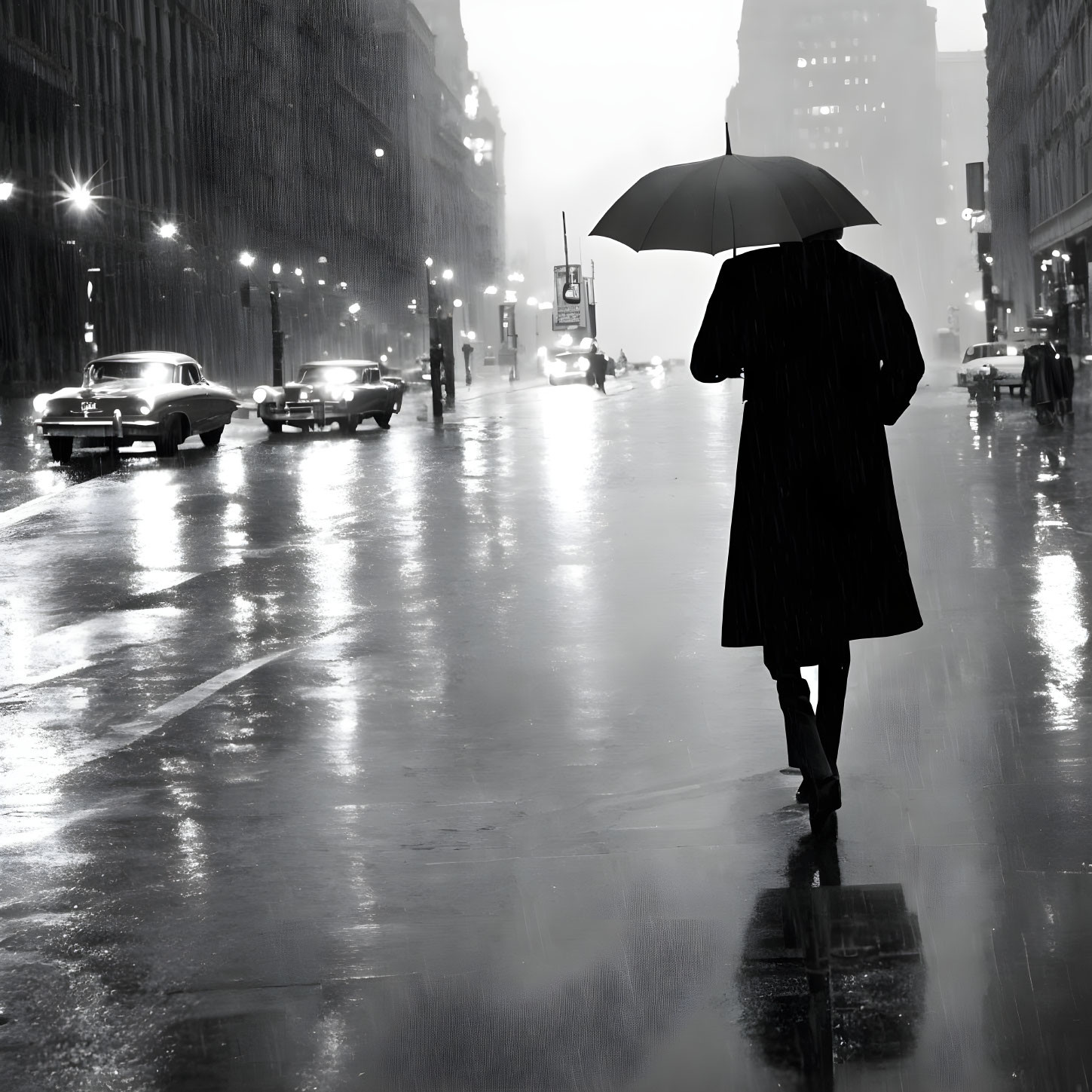 Pedestrian with umbrella on wet night street, vintage cars, city lights.