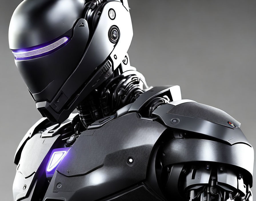 Detailed Close-up of Sleek Black Futuristic Robot with Purple Glowing Accents