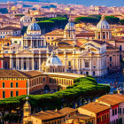 Historic buildings and domed structures in Rome at sunset aerial view.