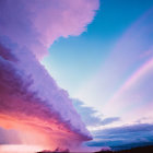 Contrasting purple and blue sky over dark forest silhouette at sunset or sunrise