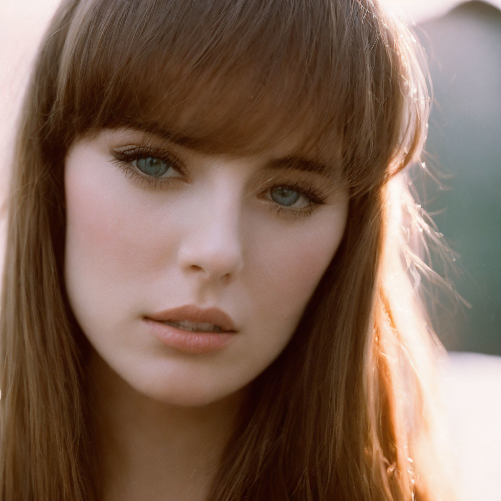 Close-up of woman with blue eyes, full lips, and long brown hair.