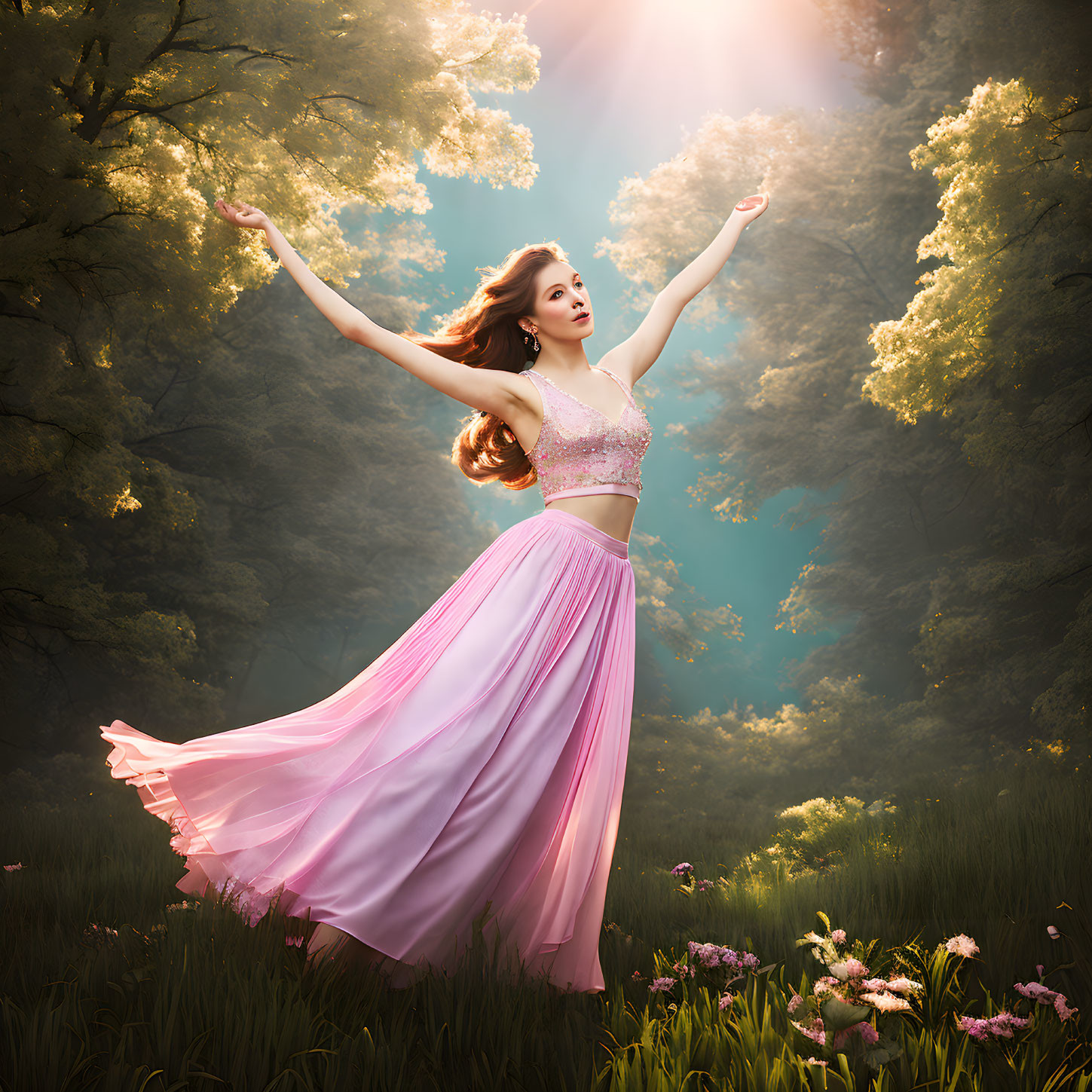 Woman in Pink Dress Dancing in Sunlit Forest Clearing