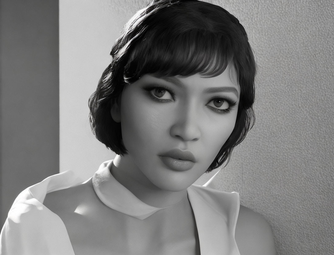 Black and white portrait of woman in blouse and headband with short hair, gazing at camera.