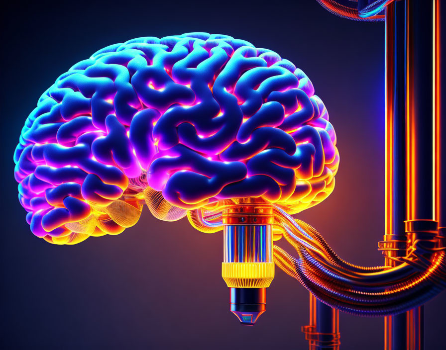 Colorful Digital Illustration of Human Brain Connected to Metallic Pipes