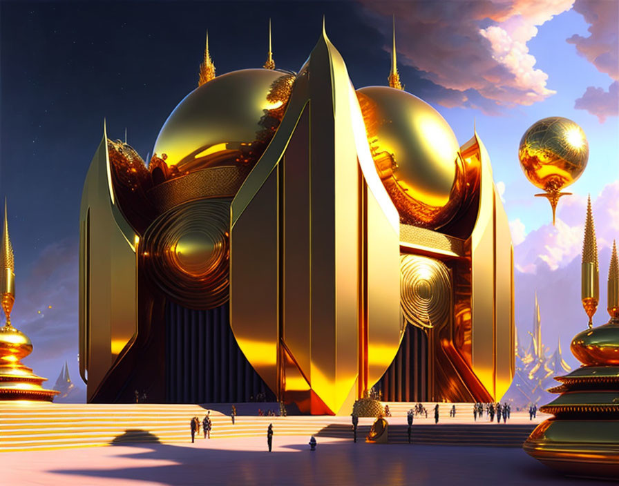 Golden futuristic temple with spires and spherical structures at twilight