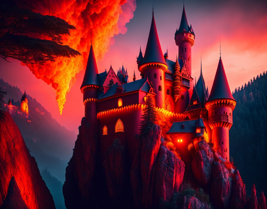 Majestic castle in red landscape with glowing windows