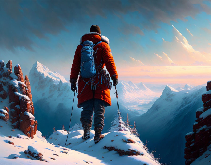 Hiker in red jacket trekking snowy mountain at sunset