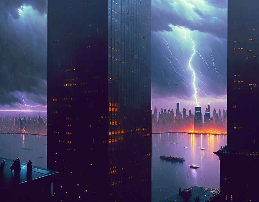 Panoramic nighttime cityscape with skyscrapers, thunderstorms, lightning bolts, heavy rain,