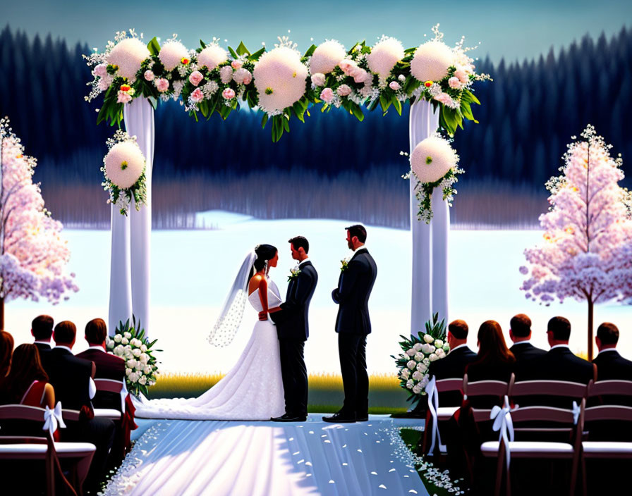 Wedding ceremony under flower arch with snowy backdrop and lake.