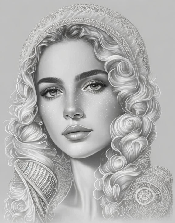 Detailed grayscale illustration of woman with wavy hair and ornate attire.