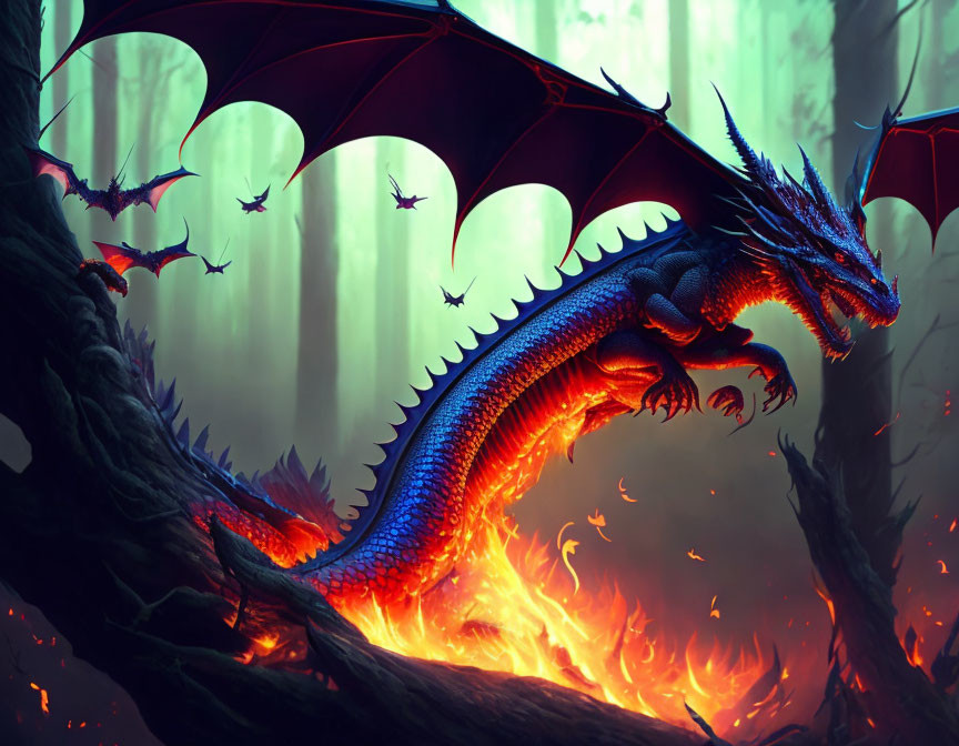 Colorful Dragon Perched on Tree in Misty Forest with Flames and Flying Dragons